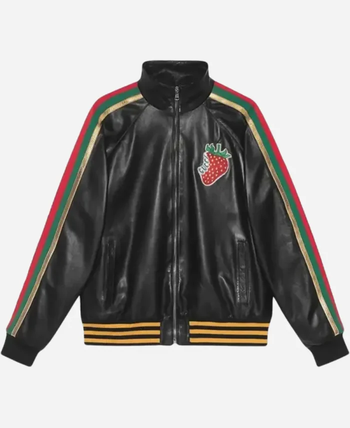Gucci Black Leather Strawberry Patch Black Track Jacket