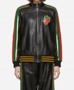 Gucci Black Leather Strawberry Patch Track Jacket