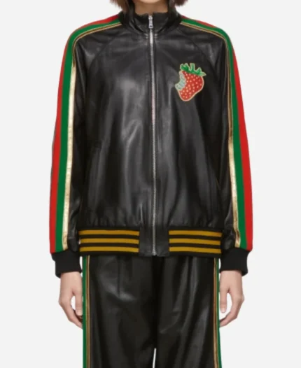 Gucci Black Leather Strawberry Patch Track Jacket