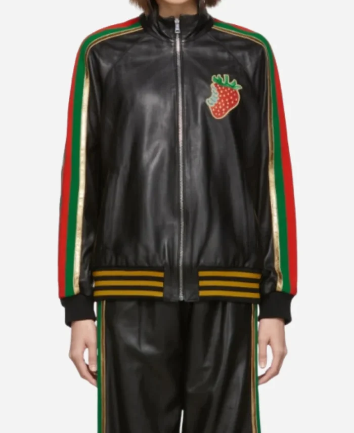 Gucci Black Leather Strawberry Patch Track Jacket