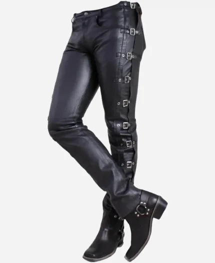 Handmade Black Leather Pants with Side Buckles For Sale