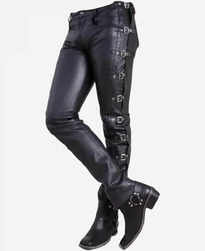 Handmade Black Leather Pants with Side Buckles For Sale