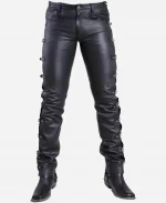 Handmade Side Buckles Black Leather Pants