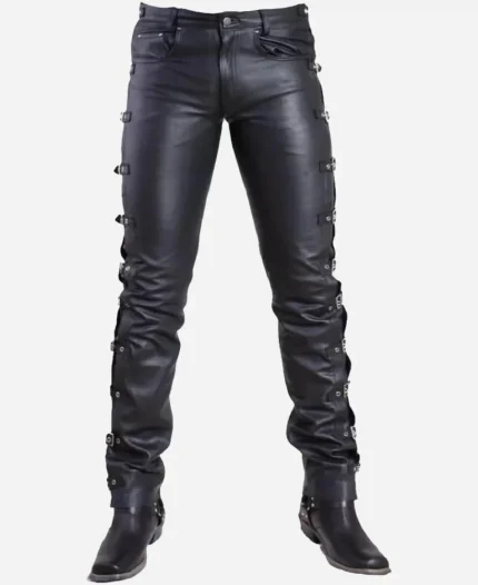 Handmade Side Buckles Black Leather Pants