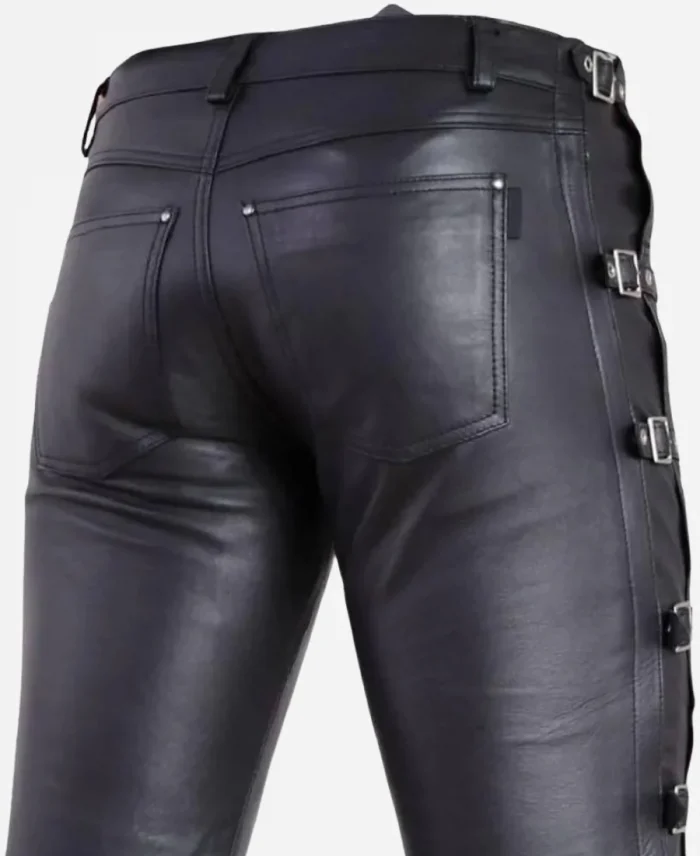 Handmade Side Buckles Leather Black Pants