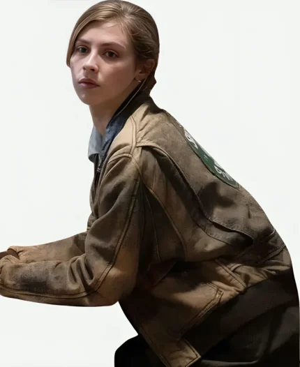Hermione Corfield Movie Fear Below 2025 Clara Bennett Brown Bomber Leather Jacket