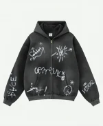 Inflation Graffiti Washed Black Oversized Zip-Up Hoodie For Unisex