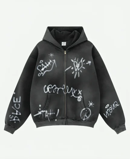 Inflation Graffiti Washed Black Oversized Zip-Up Hoodie For Unisex