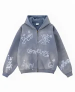 Inflation Graffiti Washed Blue Oversized Zip-Up Hoodie For Unisex