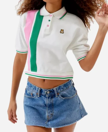 Katie Douglas Ginny & Georgia Pink and Green Striped Polo Top