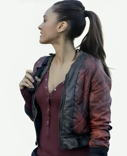 Lindsey Morgan The 100 Season 02 Raven Reyes Orange Quilted Bomber Jacket