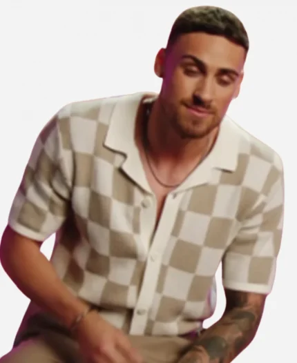 Love Island UK S12 Ben Holbrough Beige Knitted Check Shirt