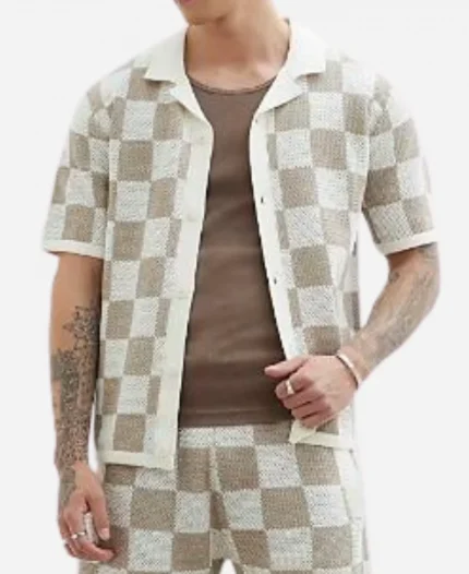 Love Island UK Season 12 Ben Holbrough Beige Knitted Checkered Shirt