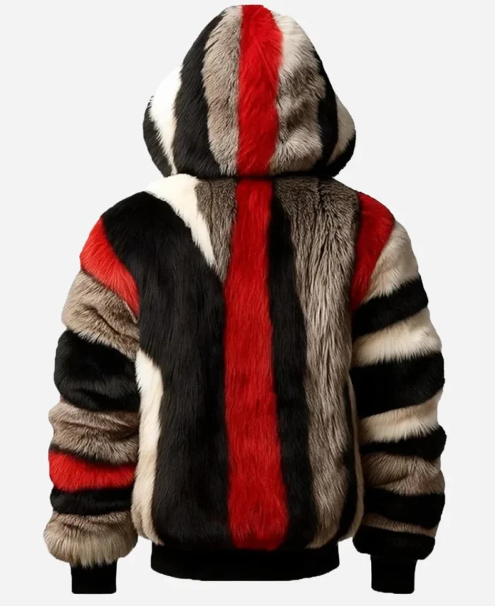 Luxury Faux Fur Multicolor Striped Hooded Jacket