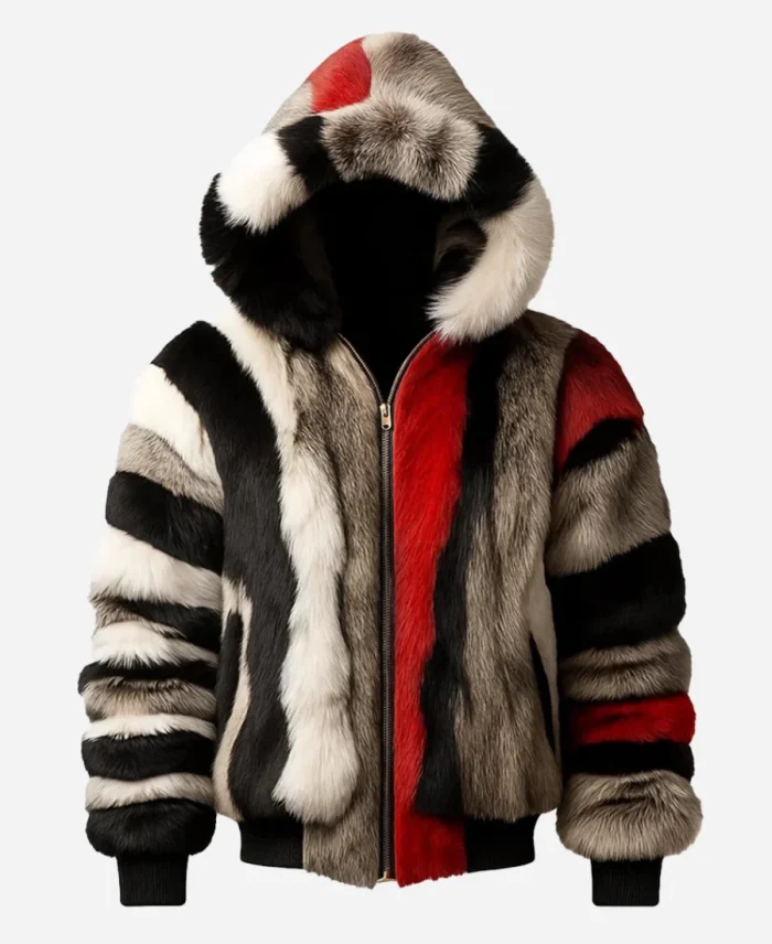 Luxury Faux Fur Multicolor Striped Hooded Jacket For Sale