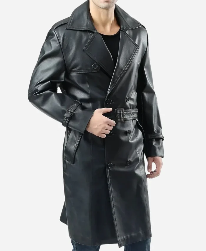 Men's Black Leather Shearling Trench Coat