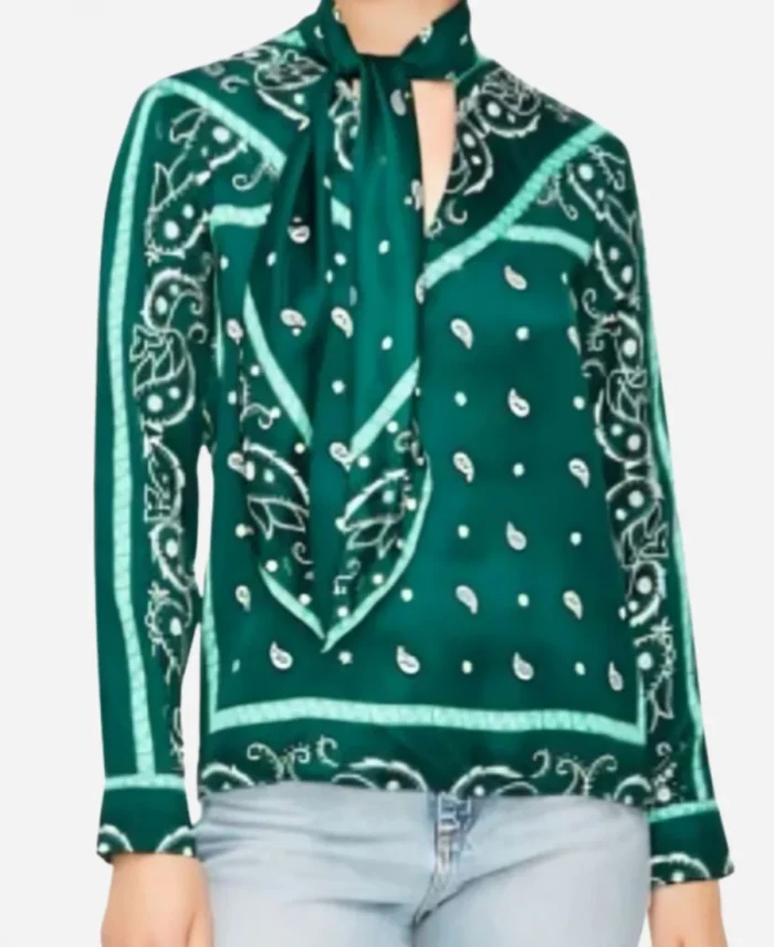 NBC News Daily Savannah Sellers Green Bandana Print Tie Neck Blouse
