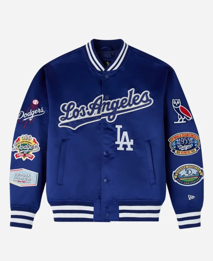 OVO x New Era x MLB Los Angeles Dodgers Satin Blue Varsity Jacket