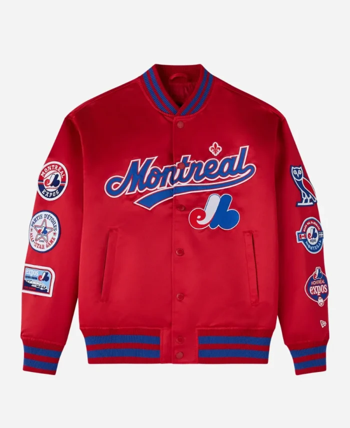 OVO x New Era x MLB Montreal Expos Satin Red Varsity Jacket