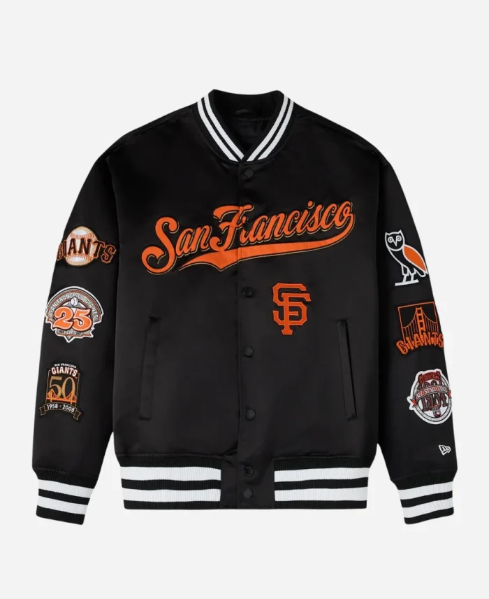OVO x New Era x MLB New York Giants Satin Black Varsity Jacket