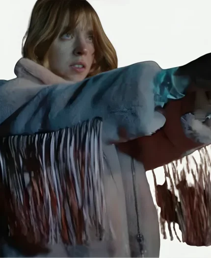 Penny Jo Poplin Movie Americana 2025 Sydney Sweeney Pink Fringe Jacket