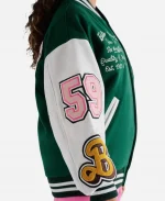 Varsity Leather Green & White Jacket For Women