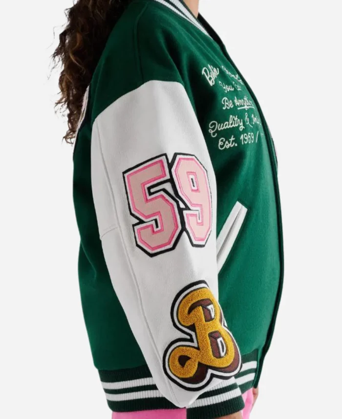 Varsity Leather Green & White Jacket For Women