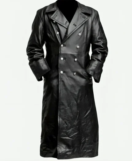 WW2 German Officer Black Leather Trench Coat For Men