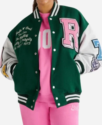 Women’s Leather Varsity Green & White Jacket For Sale