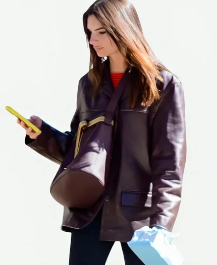 American Model Emily Ratajkowski Street Style 2025 Leather Jacket