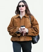 American Model Hailey Bieber Street Style Brown Oversized Suede Jacket