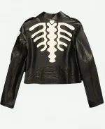Black Leather Biker Jacket With Skeleton Printed For Halloween For Women’s