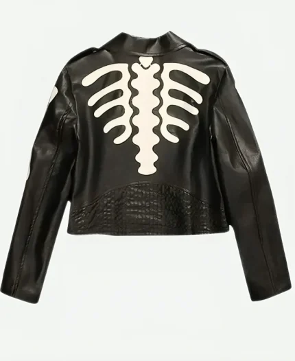 Black Leather Biker Jacket With Skeleton Printed For Halloween For Women’s