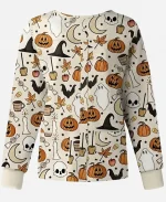 Halloween Moon Skull Ghosts Cream Scrub Jacket