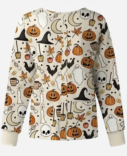Halloween Moon Skull Ghosts Cream Scrub Jacket