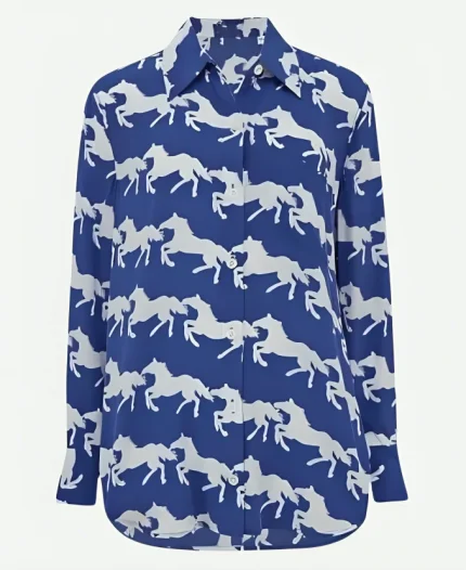 E! News 2025 Daryn Carp Horse Print Blue Shirt