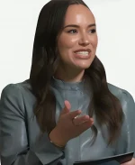 E! News 2025 Emily Curl Blue Leather Belted Dress