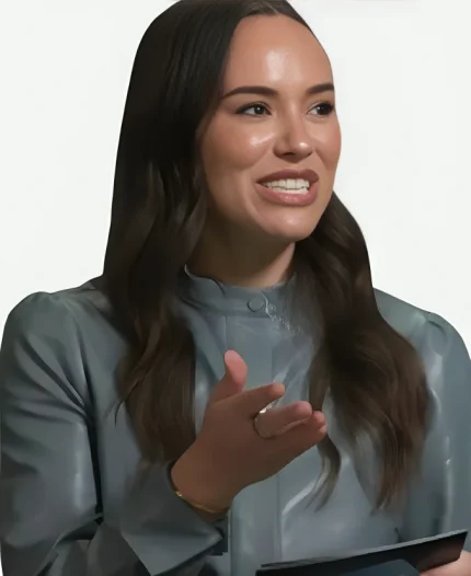 E! News 2025 Emily Curl Blue Leather Belted Dress