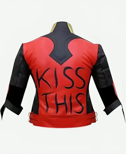 God Among Us Harley Quinn Red Golden Studded Kiss This Cropped Leather Jacket