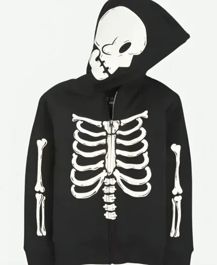 Halloween Black Zip Up Skeleton Bones Hoodie For Unisex