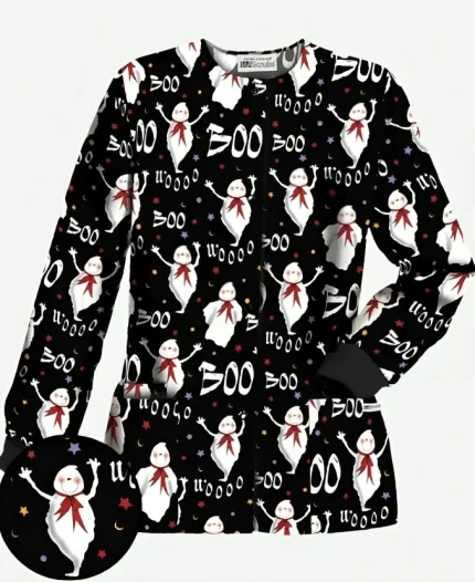 Halloween Boo Wooo Black Scrub Jacket