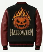 Halloween Fire Pumpkin Black and Maroon Varsity Jacket