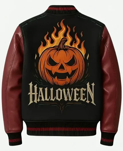 Halloween Fire Pumpkin Black and Maroon Varsity Jacket