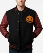 Halloween Fire Pumpkin Black &Maroon Varsity Jacket