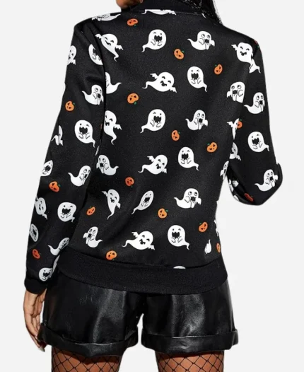 Halloween Ghost Printed Black Bomber Jacket