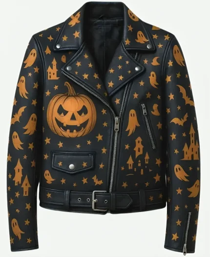 Halloween Ghost & Pumpkin Black Leather Jacket