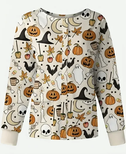 Halloween Moon Skull Ghosts Cream Scrub Jacket