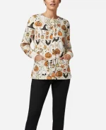 Cream Moon Skull Ghosts Scrub Printed Jacket For Halloween