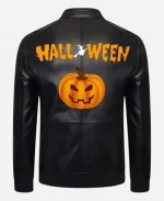 Halloween Pumpkin Printed Motorcycle Black Leather Jacket For Sale
