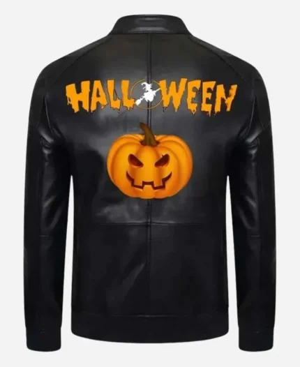 Halloween Pumpkin Printed Motorcycle Black Leather Jacket For Sale